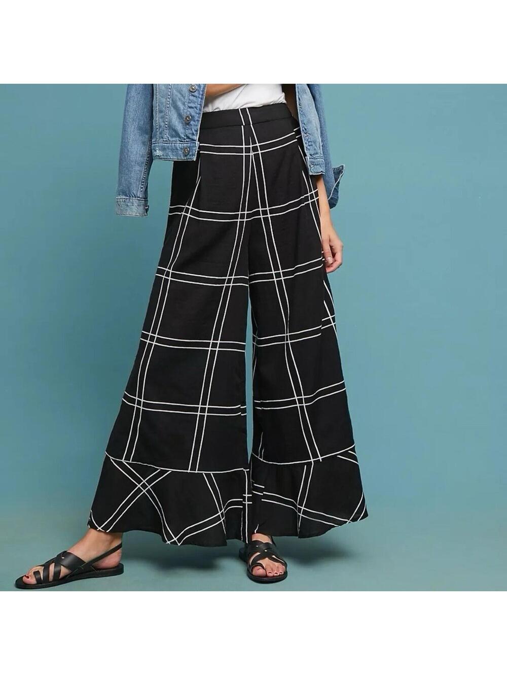 Sancia Black Windowpane Wide Leg Pants Size S Side Slit Cotton Resort - Picture 1 of 9
